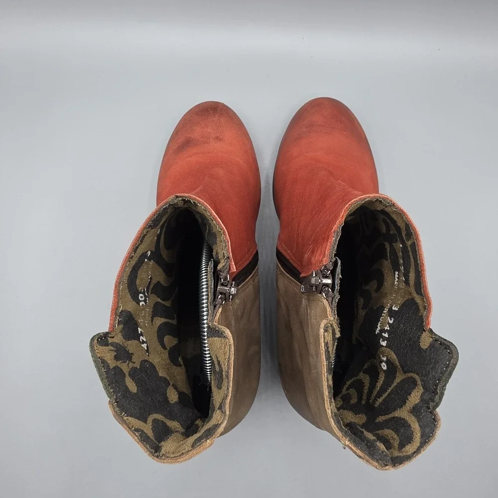 Fly London Booties Womens 39‎ Red Orange Brown Leather Distressed Wedge Zipper